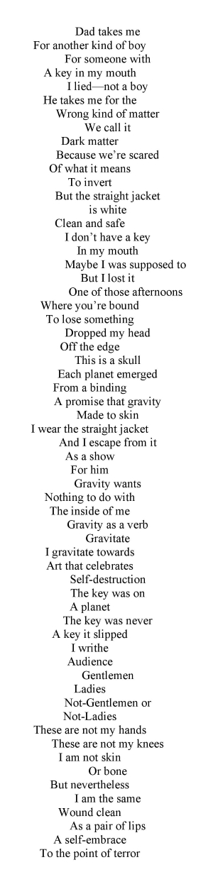  Dad takes me For another kind of boy For someone with A key in my mouth I lied—not a boy He takes me for the Wrong kind of matter We call it Dark matter Because we’re scared Of what it means To invert But the straight jacket is white Clean and safe I don’t have a key In my mouth Maybe I was supposed to But I lost it One of those afternoons Where you’re bound To lose something Dropped my head Off the edge This is a skull Each planet emerged From a binding A promise that gravity Made to skin I wear the straight jacket And I escape from it As a show For him Gravity wants Nothing to do with The inside of me Gravity as a verb Gravitate I gravitate towards Art that celebrates Self-destruction The key was on A planet The key was never A key it slipped I writhe Audience Gentlemen Ladies Not-Gentlemen or Not-Ladies These are not my hands These are not my knees I am not skin Or bone But nevertheless I am the same Wound clean As a pair of lips A self-embrace To the point of terror
