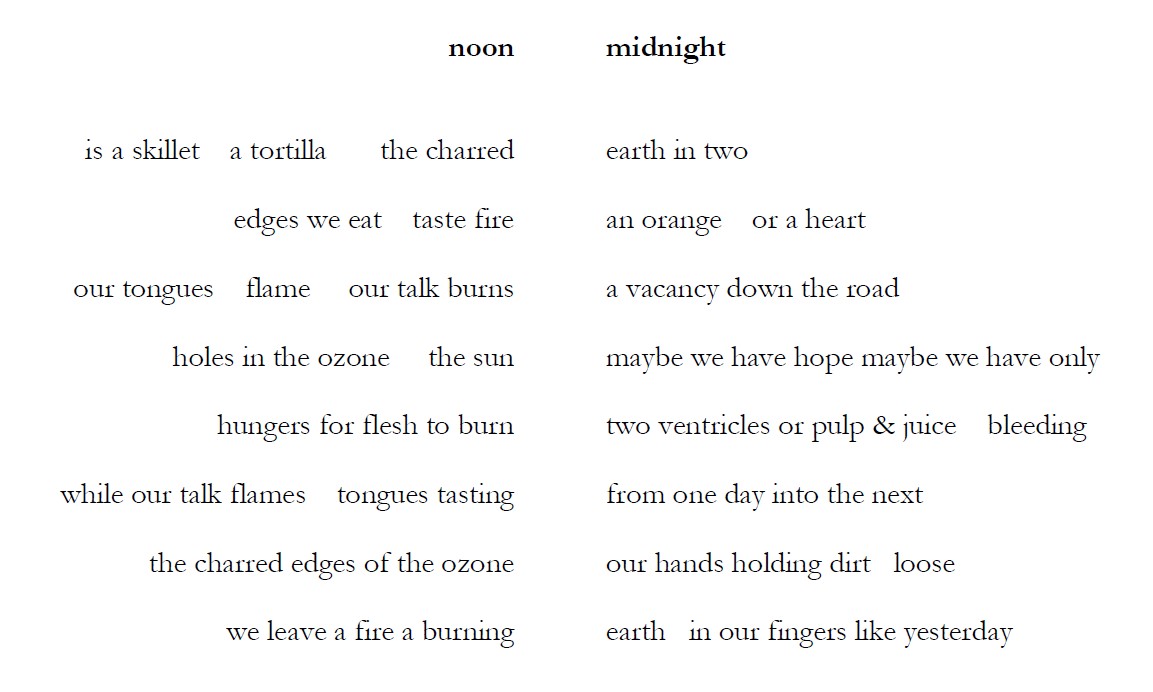 noon is a skillet a tortilla the charred edges we eat taste fire our tongues flame our talk burns holes in the ozone the sun hungers for flesh to burn while our talk flames tongues tasting the charred edges of the ozone we leave a fire a burning midnight earth in two an orange or a heart a vacancy down the road maybe we have hope maybe we have only two ventricles or pulp & juice bleeding from one day into the next our hands holding dirt loose earth in our fingers like yesterday